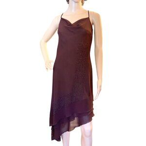 Vintage Brown Asymmetrical Dress With Beaded Detail and Spaghetti Straps Evening